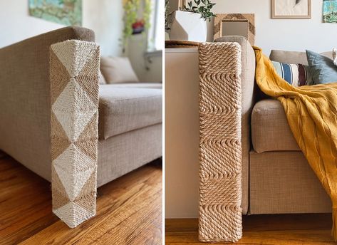 Bohemian Modern Corner Cat Scratchers That Protect Your Furniture Couch Protection From Cats, Protect Sofa From Cat, Diy Corner Cat Scratcher, Cover Cat Scratches On Couch, Cat Scratched Couch Repair, Couch Scratching Post, Sofa Cat Scratcher, Couch Corner Cat Scratcher Diy, Couch Cat Scratcher