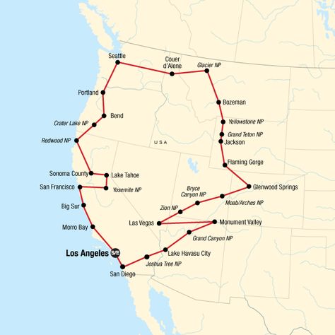 Road Trip Map America, California To Yellowstone Road Trips, West Coast Camping Roadtrip, Road Trip Across The United States, Pch Road Trip Aesthetic, Road Trip Routes United States, West Coast National Park Road Trip, North West Road Trip, Out West Road Trip