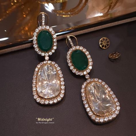 Midnight - moissanite polki earings Jadau Earrings, Jewelry Room, Emerald Colour, Chand Bali, Wedding Jewelry Sets Bridal Jewellery, Earrings For Wedding, Ear Cuff Jewelry, Polki Earrings, Colour Stone