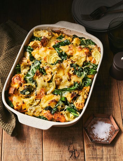 Collard-Artichoke-and-Mushroom Strata Collard Greens Casserole, Collard Green Casserole, Collard Recipes, Kale And Rice, Mushroom Strata, Rice Gratin, Vegetarian Alfredo, Collard Greens Recipe, Collard Green