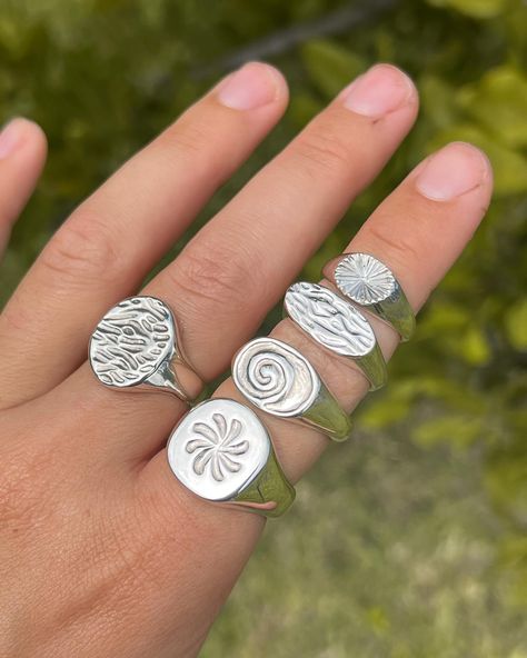 from wax to metal 🕯️ crafted from recycled sterling silver using the ancient lost wax casting process, each piece starts from a block of wax that i carve, melt and engrave before sending it off to get cast into metal. all of these one off beauties are still available & looking for their forever homes! Wax Cast Rings Sterling Silver, Lost Cast Waxing Rings, Cast Rings Ideas, Wax Carved Ring Ideas, Wax Ring Carving, Wax Ring Carving Ideas, Wax Carving Ring, Silver Clay Jewelry Ideas, Lost Wax Casting Rings