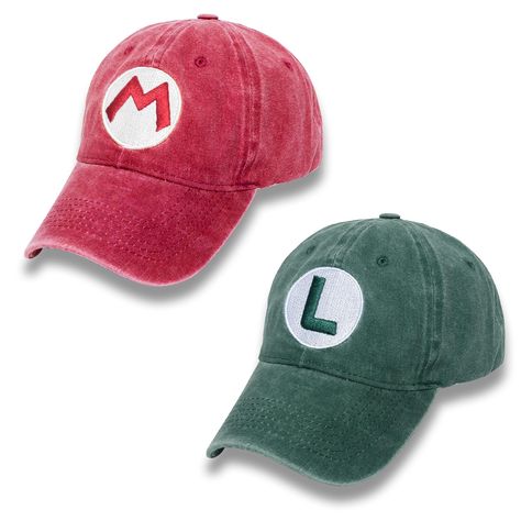 PRICES MAY VARY. Set: One red M hat, one green L hat Color: red and green Adjustable design: The Super Brothers Hat comes with adjustable straps that can fit most adults Material: Made of high quality cotton and polyester material, lightweight and breathable Suitable Occasions: Suitable for cosplay, Halloween, Christmas, birthday gifts, carnivals, dress up as Super Brothers cosplay Super Bros Luigi Mario Hat Cap Baseball Cap Costume Cosplay hat Mario And Luigi Hats, Luigi Hat, Baseball Costumes, Mario Hat, Gym Challenge, M Hat, Denim Hat, Big Night, Cosplay Halloween