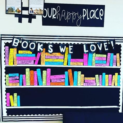 Loving this gorgeous display from @wildthingslearn! Each book spine has the title of a book that she read aloud to her class during the… Books We Love Bulletin Board, Inviting Classroom, Reading Display, School Display, Reading Bulletin Boards, Teacher Preparation, Classroom Procedures, 5th Grade Classroom, School Displays