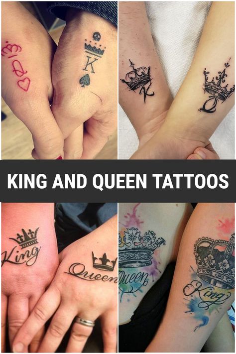 KING AND QUEEN TATTOOS Couples Tattoo Designs King And Queen, King An Queen Tattoos, Matching King Queen Tattoos, King Hand Tattoo Men, His Queen Tattoo Ideas, He's And Hers Tattoos, King And Queen Tattoo On Hand, King Crown With Initial Tattoo, Crown Couples Tattoos