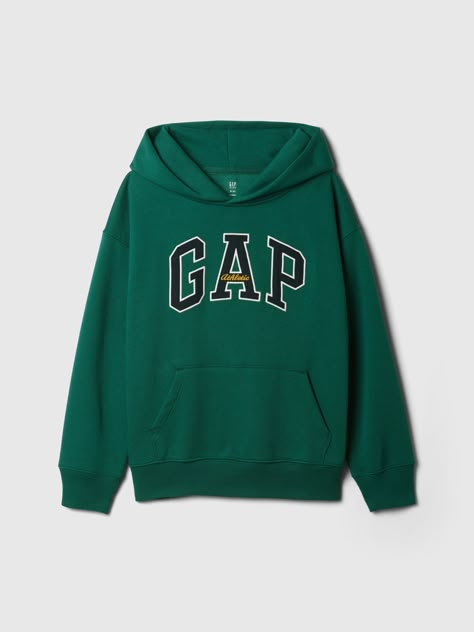 Soft cotton-blend hoodie.  Hooded neckline.  Long sleeves.  Gap Athletic logo at front.  Kanga pocket.  Banded hem.  Straight, easy fit.  Hits at the hip. Essex Green, Gap Hoodie, Gap Sweatshirt, June Bug, Kids Athletic, Gap Logo, Arch Logo, Hoodie Green, Boys Sweatshirts