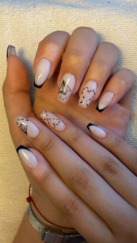 #frenchnails #milkynails #travel #nails #nailart #naildesign #plane #heart #blackandwhite Paris Nails Designs Nailart, Nail Designs Travel, Nails Travel Vacation, Plane Nails Designs, Nail Designs For Europe Trip, Plane Nail Art, Paper Airplane Nails, Plane Nails Acrylic, Tomboy Nails Ideas