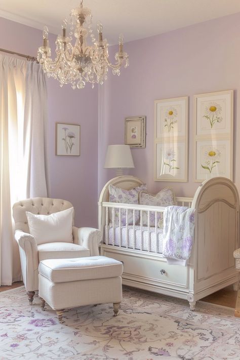 Daisy Themed Nursery Bridgerton Theme Nursery, Lavender Themed Nursery, Cute Girl Nursery Ideas, Bridgerton Themed Nursery, Baby Girl Nursery Lavender, Lilac Nursery Ideas, Light Purple Nursery Girl, Bridgerton Nursery Ideas, Lilac Nursery Baby Girl