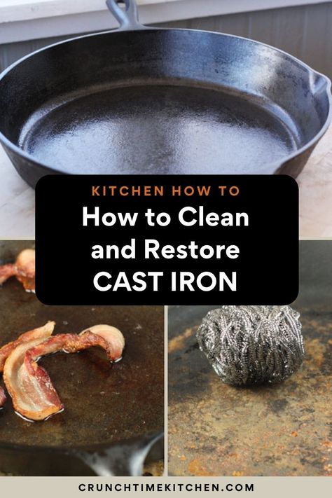 How to clean and reseason an old cast iron skillet. It can be brought back to life really easily with a few hours of basic work! crunchtimekitchen.com #castiron #castironskillets #cleaningcastiron #kitchen #cleaningskillets How To Clean Old Cast Iron Skillet, Cleaning Iron Skillet, Reseason Cast Iron Skillet, Clean Cast Iron Pan, Rusted Cast Iron Skillet, Reseason Cast Iron, Clean A Cast Iron Skillet, Cleaning Cast Iron Pans, Clean Cast Iron