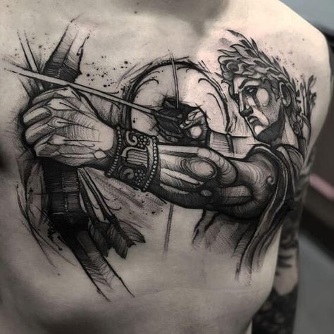 Greek mythology tattoo on the chest | www.otziapp.com Apollo Tattoo Ideas, Dagger Tattoo For Men, Chest Tattoos Men, Apollo Tattoo, Greek God Tattoo, Tato Dada, Chest Tattoo Ideas, Sagittarius Tattoo, Roswell Georgia