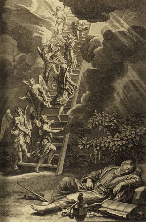 In the book of Genesis, Jacob had a dream about the angels of God ascending and descending on a ladder toward Heaven. Description from psychologybuskingalawordswords.blogspot.com. I searched for this on bing.com/images Ladder To Heaven, Biblical Artwork, Jacobs Ladder, Angel Illustration, Arte Judaica, Rennaissance Art, Bible Illustrations, Jacob's Ladder, Jesus Christ Art