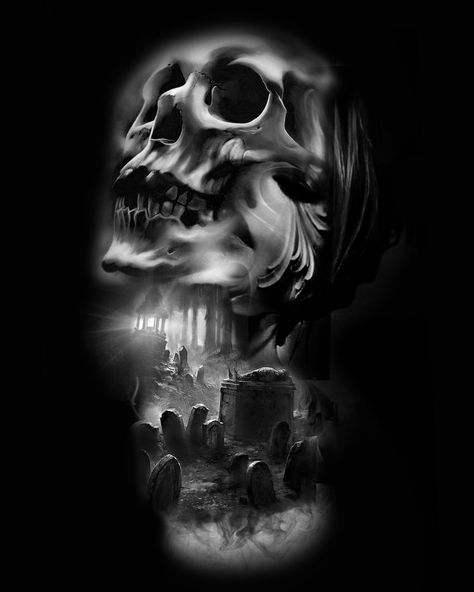 Cemetery Tattoo Design, Cemetary Tattoo, Graveyard Tattoo Design, Graveyard Tattoos, Cemetery Tattoo, Skull Artwork Illustrations, Graveyard Tattoo, Satanic Tattoos, Evil Skull Tattoo