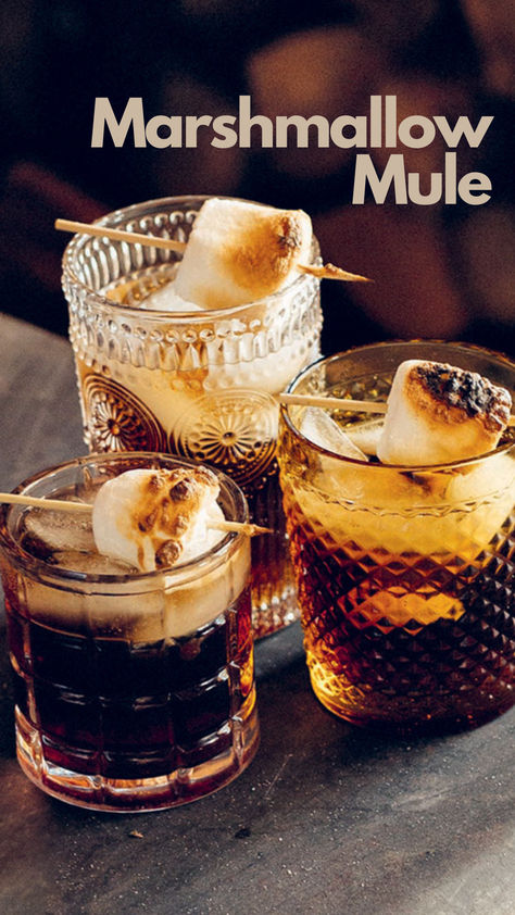 Marshmallow Mule Cocktails With Marshmallows, A Christmas Story Cocktail, Marshmallow Bourbon Cocktail, Marshmallow Drinks Alcohol, Marshmallow Alcoholic Drink, Marshmallow Whiskey Cocktail, Marshmallow Drink Recipes, Bonfire Night Cocktails, Cocktail Of The Day