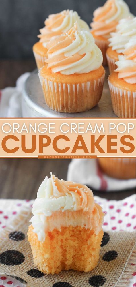 The perfect sweet treat for Orange Cream Pops lovers! Topped with a swirled orange and vanilla buttercream frosting, this orange-flavored cupcake recipe makes a refreshing summer dessert. No one… Orange Buttercream Frosting, Orange Buttercream, Orange Cupcakes, Pop Cupcakes, Gourmet Cupcakes, Savory Cakes, Cupcake Flavors, Dessert Cupcakes, Yummy Cupcakes