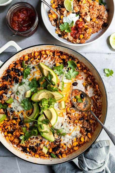 Easy Vegan Mexican Rice Casserole - Oven Bake or Instant Pot - Crumbs & Caramel Vegan Enchilada Casserole, Vegan Casserole Recipes, Mexican Rice Casserole, Mexican Rice Recipe, Vegan Ground Beef, Mexican Dinners, Kung Pao Chicken Recipe, Vegan Enchiladas, Vegan Casserole