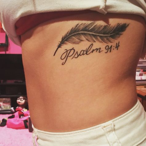 • He will cover you with his feathers and under his wings you will find refuge • psalm 91:4 5 Tattoo, Scripture Tattoos, Verse Tattoos, Feather Tattoo Design, Back Of Shoulder Tattoo, 4 Tattoo, Beautiful Scripture, Tattoo Font, Feather Tattoo