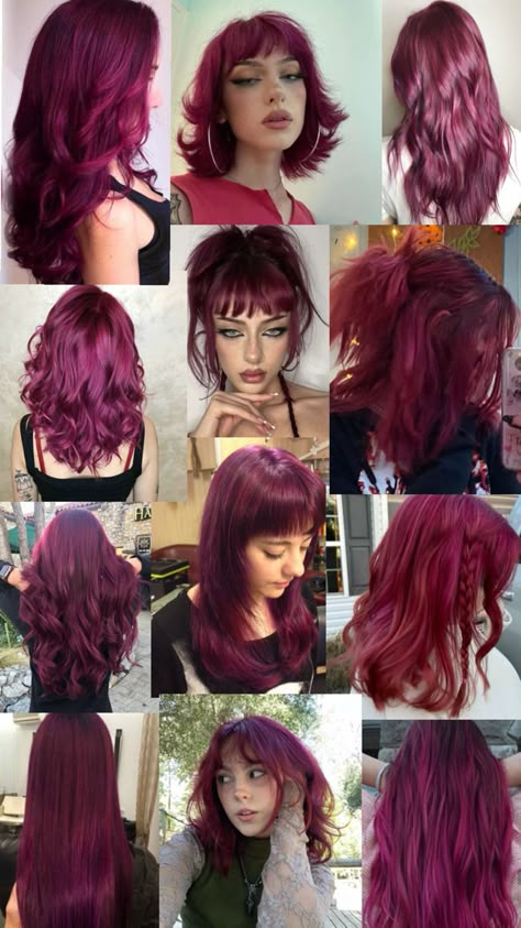 Pink Hair Color Ideas Short Hair, Dyed Hair Inspo For Short Hair, Dyed Hair Grown Out Roots, Red Ish Purple Hair, Blackberry Purple Hair, Brown And Fuschia Hair, Black And Raspberry Hair, Dark Pink Dyed Hair, Dark Pink And Purple Hair