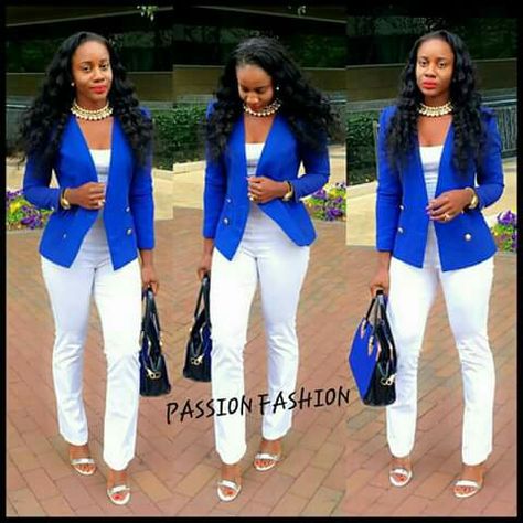 Blue And White Suit For Women, Royal Blue And White Outfits For Women, Royal Blue And White Outfit Ideas, Blue Blazers For Women Outfits, Royal Blue Black And White Outfits, Blue And White Party Outfit, Fitted Royal Blue Blazer For Work, Royal Blue And White Outfit, Blue And White Outfit Ideas For Party