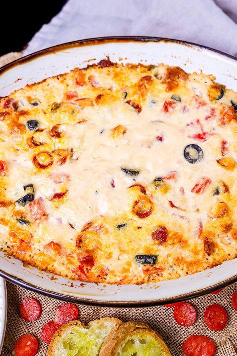 Hot Cheesy Pepperoni Dip Pepperoni Cheese Dip, Pepperoni Dip, Black Olives, Cheese Appetizers, Cheese Dip, Chopped Tomatoes, Easy Lunches, Bean Recipes, Rv Life