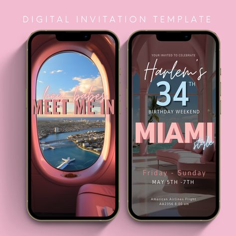 🎉 Ready to swap your coffee mugs for mimosas? 🍹 Ladies, it's time to glam up for a luxurious birthday weekend in Miami! Pack your sunnies and let's make memories that even the sun can't outshine! Our luxe invitation templates are meticulously crafted to enhance the memorability of your event. Seamlessly modify and personalize this invitation template using Canva. Tailor the text to your liking and incorporate your unique images. Share your digital invitation effortlessly through text, email, o Birthday Vacation Invitations, Vacation Invitation Ideas, Miami Birthday Ideas, Trip Invitation Ideas, Birthday Trip Invitation Ideas, Travel Agent Flyer, Miami Birthday Trip, Birthday Trips Ideas, Birthday Trip Invitation