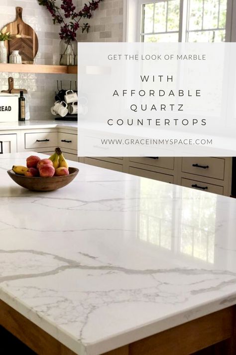 Do you love the look of marble countertops? Consider quartz that looks like marble for a maintenance free and affordable marble alternative. #fromhousetohaven #marblecounters #quartzcounters #kitchenremodel #quartzcountertops #affordablecountertops Backsplash For White Marble Countertops, Kitchen Backsplash Ideas White Cabinets Marble Counter, White Kitchen White Quartz Countertop, White Marble Look Quartz Countertops, White Kitchen Counters Quartz, White Cabinets White Marble Countertops, Quartz Countertops Veining, Stretta White Marble Countertop, Off White Kitchen Cabinets With Quartz Marble Countertops