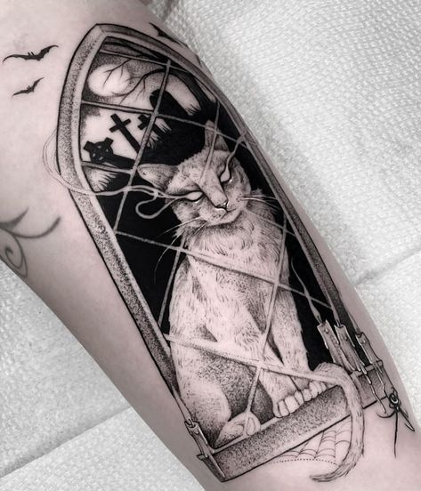 One Dark Window Tattoo, Illustrative Blackwork Tattoo, Gothic Pinup Tattoo, Witchy Traditional Tattoo, Gothic Cat Tattoo, Spooky Cat Tattoo, Witchy Back Tattoo, Ghost Cat Tattoo, Victorian Gothic Tattoo Ideas