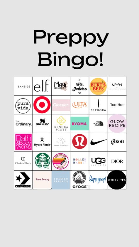 Preppy bingo☀️💗🪩🦋🐠🌸🌴🛼🏄‍♀️ Preppy Bingo, Bff Quizes, Taylor Swift Games, Shuffles Preppy, Preppy Sweatshirts, Swift Facts, Sephora Skin Care, Fun Sleepover Ideas, Preppy Summer Outfits