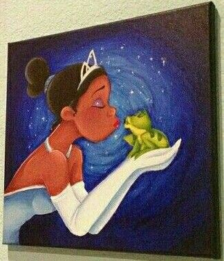 Princess and the Frog Painted Picture The Princess And The Frog Painting, Princess And The Frog Painting Canvas, Princess Tiana Painting, Princess And The Frog Painting, Disney Princess Paintings, Disney Canvas Paintings, Princess Painting, Summer Art Projects, Disney Canvas Art