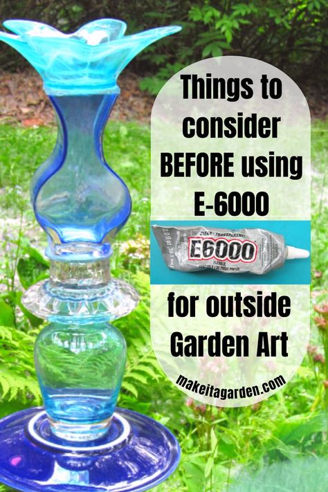 Garden Totem art piece made by stacking blue glass jars one on top of the other to form a tower Yard Art With Dishes, Glass Garden Flowers How To Make, Glass Garden Totems Diy Yard Art, Glass Dishes Yard Art, Glass Flowers For The Garden How To Make, Best Glue For Outdoor Projects, Upcycled Glass Garden Art, Glass Totems For The Garden, Diy Garden Totems