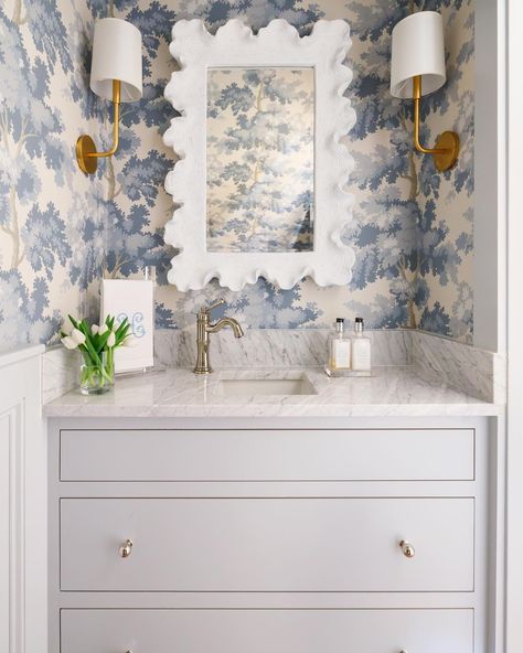 Grandmillennial Powder Room, Floral Powder Room Wallpaper, Wallpapered Powder Bath, Preppy Powder Room, Grandmillenial Master Bath, Outskirts House, Schumacher Wallpaper Powder Room, Southern Powder Room, Bay House Decor