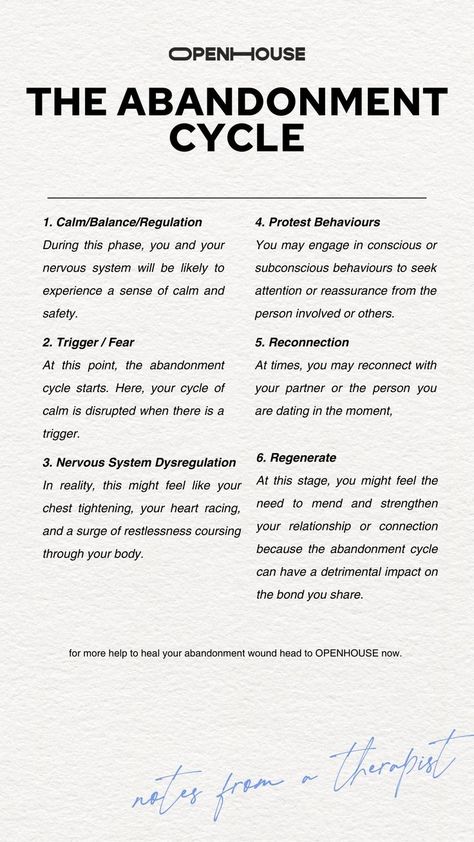 Understanding that your abandonment wound plays a role in an abandonment cycle is a crucial aspect of the healing journey. Once you comprehend the cycle, you can begin to recognize that you have the power to change it, break it, and ultimately, rewire it. For more help to heal your abandonment wound, how to get over your fear of abandonment and other self healing tips and advice, as well as lots of free therapy resources, visit openhouse.com now. Abandonment Prompts, How To Fix Abandonment Issues, Abandonment Therapy Activities, How To Deal With Abandonment Issues, Fear Of Abandonment Worksheet, Healing Self Abandonment, Healing Abandonment Issues, How To Heal Abandonment Issues, Abandonment Wound Healing