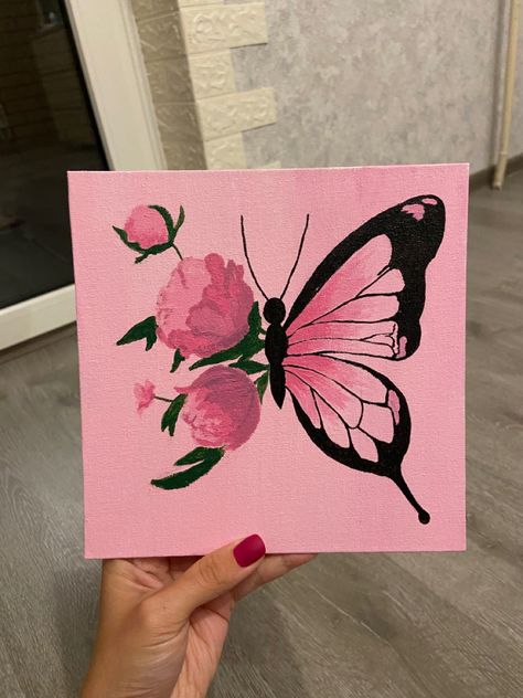 Pastel Color Canvas Painting, Short Canvas Painting, Girly Canvas Art, Feminine Painting Ideas, Painting Ideas On Canvas Butterfly, Cute Things To Paint On Canvas, Canvas Butterfly Painting, Ideas De Cuadros Aesthetic, Canvas Painting Butterfly