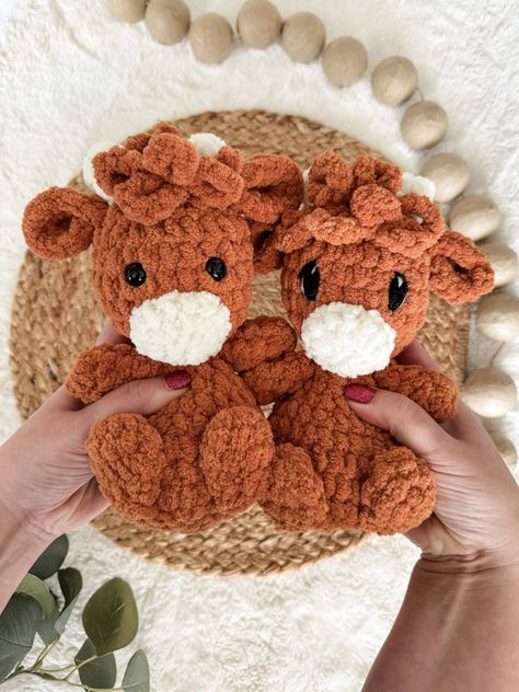 This is a free crochet pattern for the most adorable squishy highland cow! Understuffed body and cuddly blanket yarn make this the perfect gift for small ones! Mini Crochet Animals, Crochet Highland Cow, Highland Cow Pattern, Toys Quotes, Crochet Moose, Cow Crochet Pattern, Crocheted Cow Pattern, Crochet Teddy Bear Pattern, Knit Projects