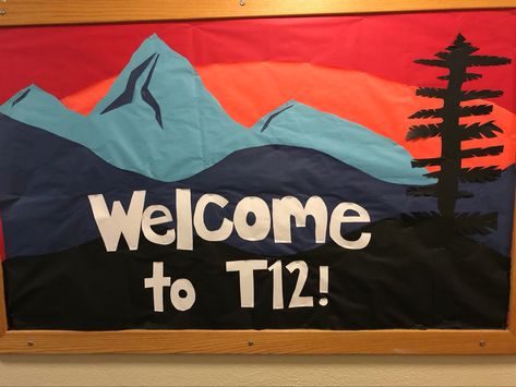 Mountains at sunset for an RA welcome bulletin board Mountain Classroom Bulletin Boards, Sunrise Bulletin Board, Sunset Bulletin Board, Mountain Bulletin Board Ideas, Mountain Bulletin Board, Christian School Bulletin Boards, Welcome Bulletin Board, Western Classroom, Nature Preschool