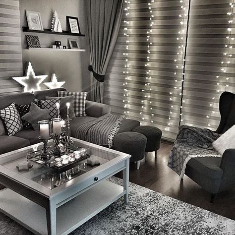 ♡ ᒪOᑌIᔕE ♡ Black And Silver Living Room, Living Room Silver, Grey Room Decor, Dark Grey Couches, Townhouse Ideas, Silver Living Room, Black Living Room Decor, Cozy Living Room Ideas, Black And White Living Room