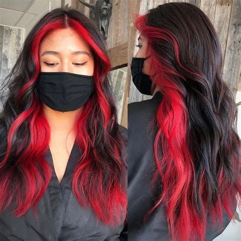 two tone long layered hair dark brown on top and orange underneath - Ecosia - Images Layered Hair Dark Brown, Layered Hair Dark, Red Black Hair, Hair Dyed Underneath, Underneath Hair Color Ideas, Underneath Hair Color, Hidden Hair Color, Hair Dark Brown, Cherry Red Hair