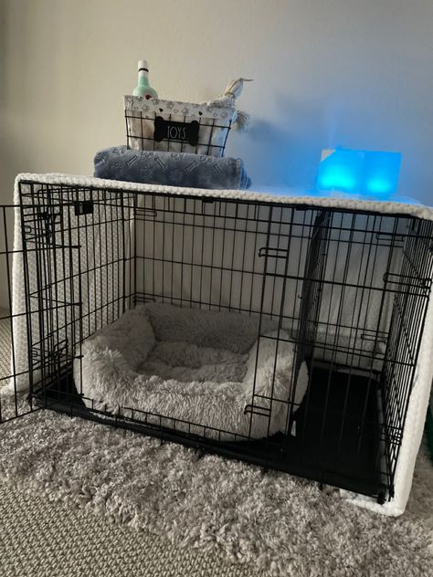 Puppy Dog corner Dog Section In Bedroom, Dog Cage Set Up, Cute Puppy Set Ups, Dog Kennel Aesthetic, Dog Area Aesthetic, Dog Set Up In Bedroom, Balcony Ideas For Dogs, Apartment Dog Area, Dog Crate Room