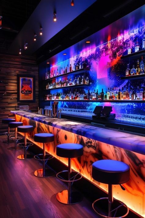 Neon Lights Bar Interior Design, Club Design Interior Nightclub, Restobar Interior Design, Bar Interior Design Pub, Club Interior Nightclub, Event Bar Design, Lounge Bar Interior, Nightclub Design Lighting, Lounge Bar Design