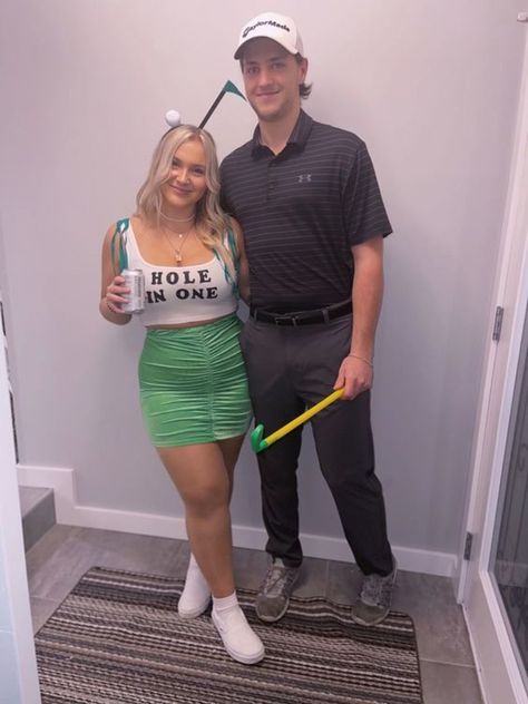 Golfer Couple Costume, Appropriate Halloween Costumes Couples, Golf Couple Halloween Costumes, Couples Golf Costume, Hole In One Costume, Tequila And Lime Costume Couple, Couples Golf Halloween Costume, Caddy And Golfer Costume, Good Halloween Costumes For Couples