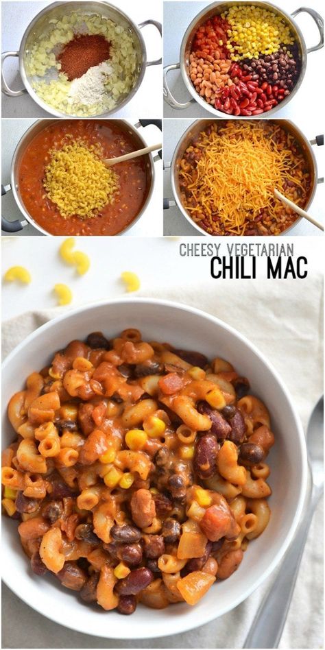 Cheesy Vegetarian Chili Mac - BudgetBytes.com Vegetarian Chili Mac, Vegetarische Diners, Cheesy Chili, Chili Mac And Cheese, One Pot Vegetarian, Chili Mac, Vegetarian Dinners, Diet Vegetarian, Vegetarian Recipes Dinner