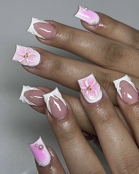 Pink And White Flower Nails, Maldives Nails, Acrylic Nails Flower, Mexico Nails, Unique Acrylic Nail Designs, Bts Nails, Shorties Nails, Boujee Nails, Multicolored Nails