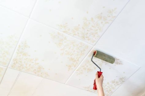 Painted Acoustic Ceiling Tiles, Foam Ceiling Tiles Ideas, Styrofoam Ceiling Tiles Ideas, Painting Ceiling Tiles Diy, How To Paint Ceiling Tiles, Painted Drop Ceiling Tiles, Ceiling Tiles Ideas Painting, Paint Drop Ceiling Tiles, Painting Drop Ceiling Tiles