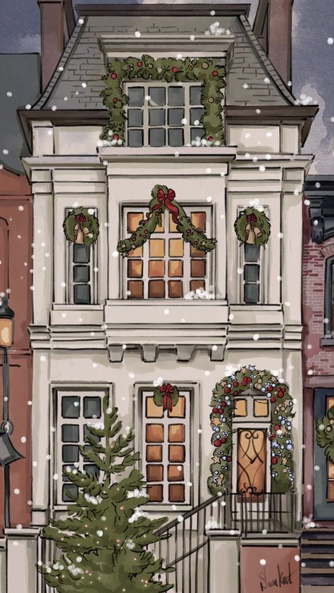 Christmas Building Illustration, Christmas House Art, Christmas Village Drawing, Christmas House Painting, Christmas House Drawing, Winter Wonderland Drawing, Christmas House Illustration, Christmas Village Painting, Winter House Illustration