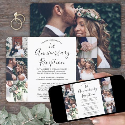 First Anniversary Wedding Reception Photo Collage Invitation Sequel Wedding, Anniversary Reception, Collage Invitation, Reception Only Invitations, Simple Wedding Reception, We Eloped, Elopement Party, Elopement Invitation, Tie The Knot Wedding