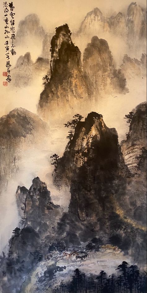 Mountains In China, Japanese Mountains Aesthetic, Chinese Artwork Traditional, Traditional Chinese Art Landscape, Chinese Mountain Painting, Workout Nook, Ancient Chinese Aesthetic, Art Aesthetic Painting, Chinese Mountains