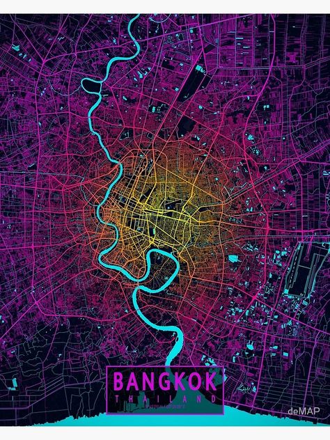 "Bangkok City Map of Thailand - Neon" Poster for Sale by deMAP | Redbubble Map Of Thailand, Maps Illustration, City Maps Illustration, Neon Poster, Thailand Map, Neon City, Bangkok City, Poster City, Neon Nights