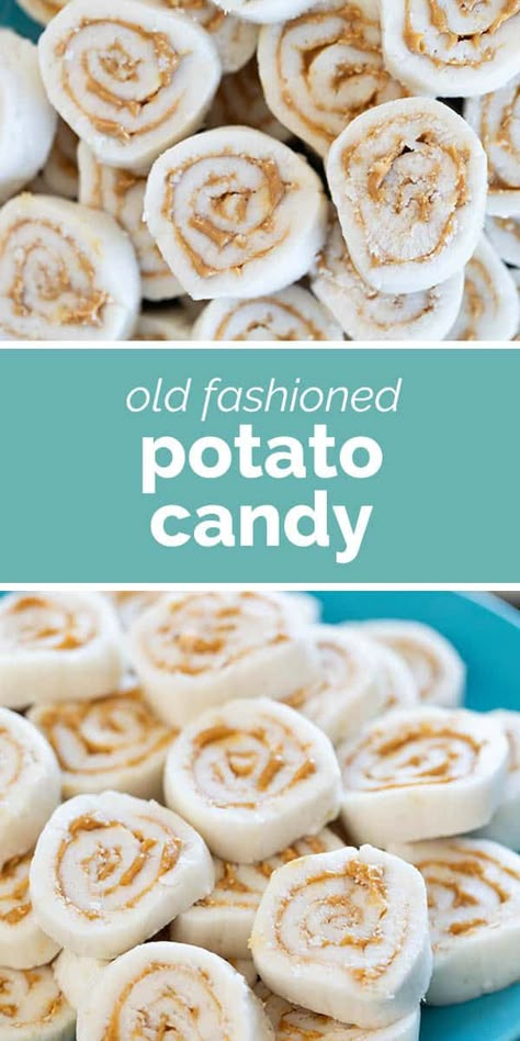 An old fashioned fun candy, this Potato Candy is made from mashed potatoes, powdered sugar, and peanut butter. They are super sweet but super fun! Potatoe Candy Recipe, Old Fashioned Potato Candy Recipe, Mashed Potato Candy, Potato Candy Recipe, Sweets Business, Gooey Desserts, Powdered Sugar Cookies, Candy Homemade, Butter Mashed Potatoes