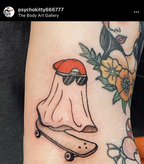 Skateboard Ghost Tattoo, Ghost With Guitar Tattoo, Ghost With Hat Tattoo, Ghost With Glasses Tattoo, Skateboarding Ghost Tattoo, Ghost With Sunglasses Drawing, Ghost With Sunglasses Tattoo, Ghost On A Skateboard Tattoo, Ghost Riding Skateboard Tattoo