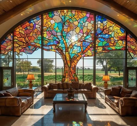 Tree Of Life Glass Art, American Living Room Decor, Stained Glass Windows In Homes, Native American Living Room, Stained Glass Skylight, Stained Glass Home, American Living Room, Stained Glass Decor, American House