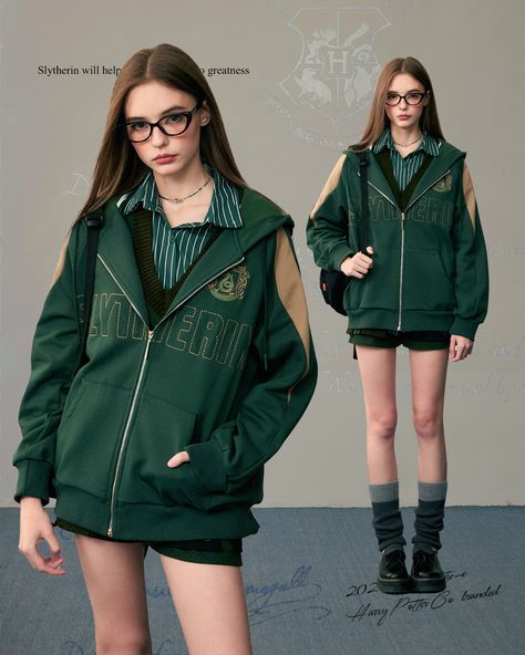 Classic British Style Slytherin Outfits! 🐍✨ Search "Slytherin" on devilinspired.com to shop! Enjoy 12% off with code HS12 and FREE shipping on orders over $99! 🍂🖤 #slytherin #hogwartsfashion Slytherin Green, Slytherin Outfit, Harry Potter Crest, Harry Potter Hoodie, Steampunk Fashion Male, Gothic Skirts, Harry Potter Style, Bold Lettering, Oversized Hoodie