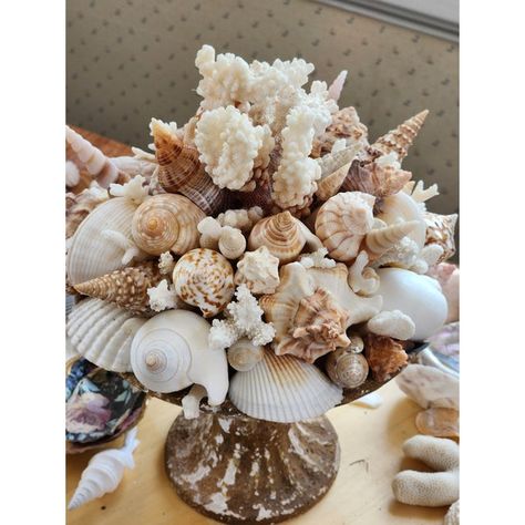 Sea Shell-Encrusted Table Centerpiece | Chairish Sea Shell Collection, Coastal Table Decor, Seashell Centerpieces, Grandma Coastal, Shell Centerpieces, Bride Groom Table, Coastal Table, Oyster Shell Crafts, Seashell Projects